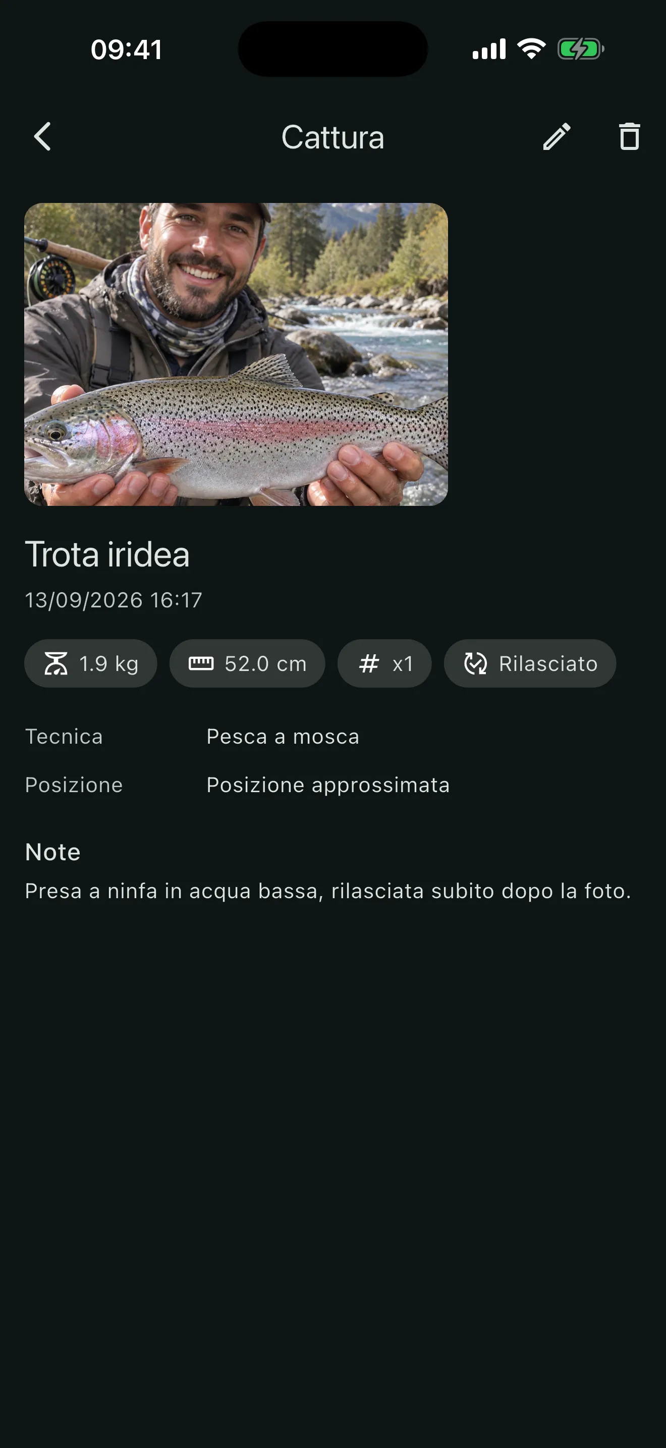 Scheda di una cattura su APPesca: trota iridea di 1,9 kg e 52 cm, pezzo singolo, rilasciata, tecnica pesca a mosca, posizione approssimata e nota sull’uscita.