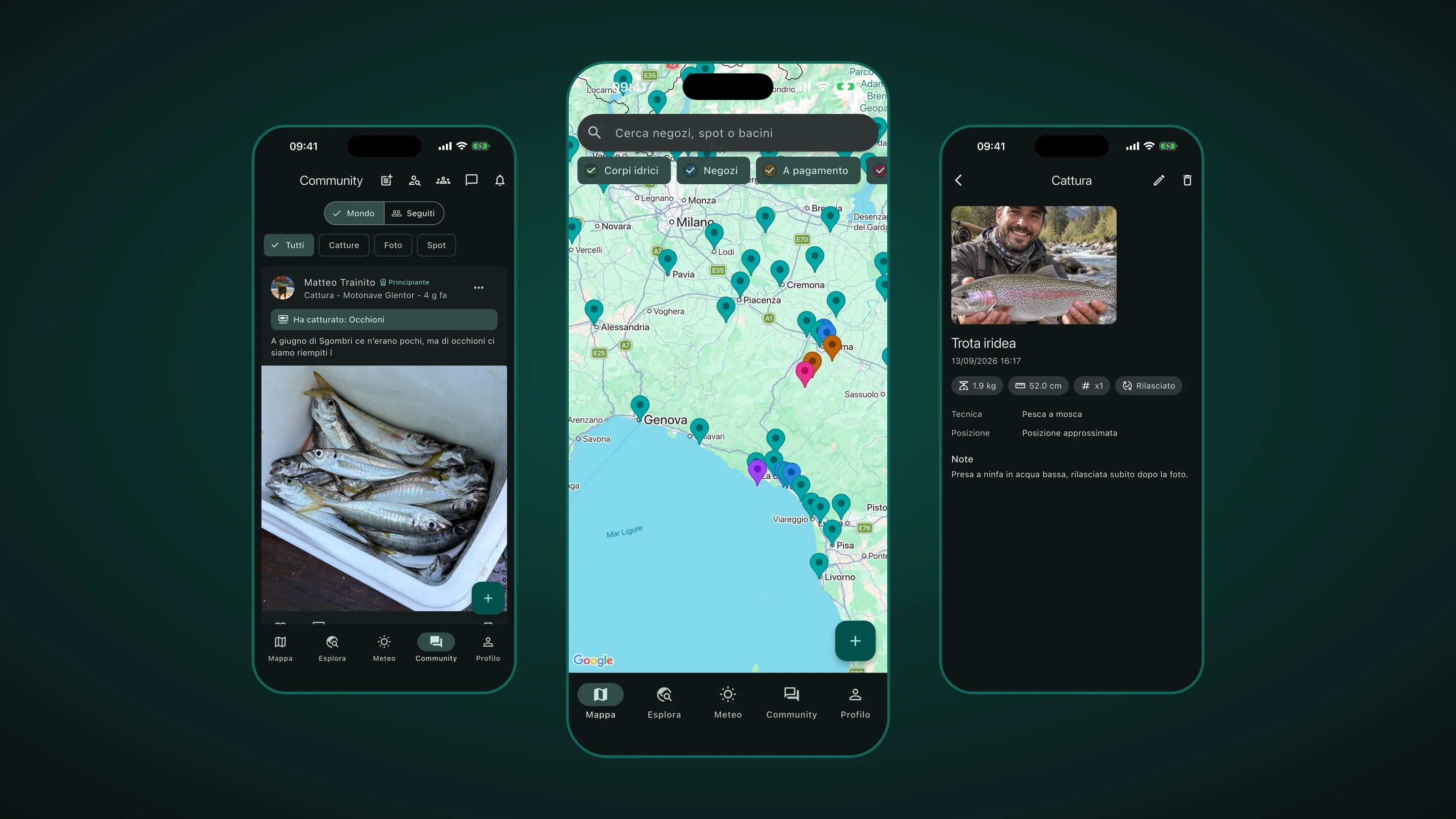 Tre schermate di APPesca affiancate: il feed della community, la mappa degli spot fra Lombardia, Emilia e Liguria, e la scheda di una cattura di trota iridea.
